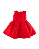 Sleeveless Pleated Shadow Stripe Scuba Dress, Red, Size 12-18 Months