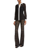 Floral-Lace Flare-Leg Pants, Black