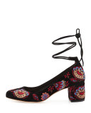 Clara Embroidered Suede Ankle-Tie Pump, Black Floral