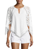 Elyza Lace-Sleeve Round-Neck Top, White