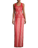 Sleeveless Patterned Beaded Column Gown, Ruby