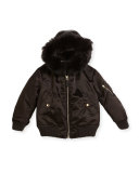 Avonshire Hooded Satin Bomber Jacket, Black, Size 4Y-14Y