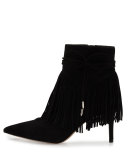 Marion Pointed-Toe Fringe Bootie, Black