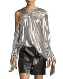 Agata Long-Sleeve Lamé Blouse, Silver