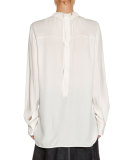 Ruched Stand-Collar Blouse, Stone White