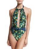Pavone Peacock-Print Halter One-Piece Swimsuit, Blue/Green