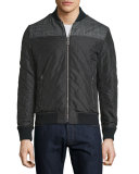 Reversible Leather Bomber Jacket W/Plaid Sleeves, Black