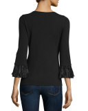 3/4-Sleeve Feather-Trim Cashmere V-Neck Sweater 