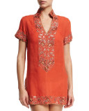 Viceroy Beaded Linen Short Coverup Tunic, Sunrise
