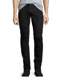 Seamed Motorcycle Skinny Jeans, Blue-Black