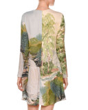 Long-Sleeve Landscape-Print Swing Dress, Multi
