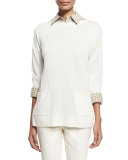 Bicolor Sweater w/ Side Slits, Cloud/Khaki