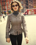 Laser-Cut Fit-&-Flare Lambskin Leather Jacket, Taupe