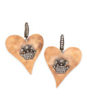 Hammered Pink Gold Heart Earrings with Diamond Crowns