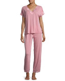 Zen Floral-Trim Short-Sleeve Pajama Set, Dark Radish/Hot Java