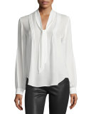 Lupita Tie-Neck Pintuck Silk Blouse, White