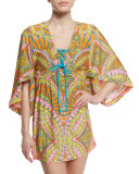 Capri Printed Lace-Up Tunic Coverup, Orange Sherbet