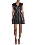Cap-Sleeve Metallic Jersey Fit-and-Flare Dress, Black