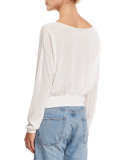Elise Long-Sleeve Semisheer Cropped-Back Top, Ivory