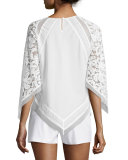 Elyza Lace-Sleeve Round-Neck Top, White