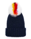 Rain Beanie Hat w/ Fur Pom-Pom, Navy