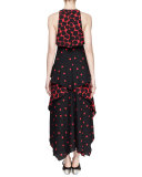 Sleeveless Tiered Handkerchief-Hem Mazi Dress, Black/Crimson