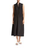 Ruched Drop-Waist Sleeveless Midi Dress, Black