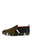 Herald Leather Slip-On Sneaker w/Camo Sole, Green/Black/White
