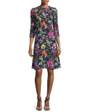 3/4-Sleeve Poppy-Print Dress, Black/Multi