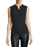 Sleeveless Stretch Henley Tee, Black