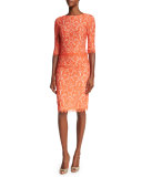 Elbow-Sleeve Lace Sheath Dress, Coral