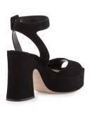 Suede Platform Ankle-Wrap Sandal, Black (Nero)