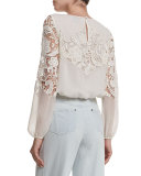 Jenelle Long-Sleeve Lace-Trim Plisse Blouse, Cream