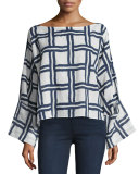 Windowpane Kimono-Sleeve Blouse, White/Navy