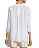 Shirred-Stripe Cotton Popover Top, Optic White
