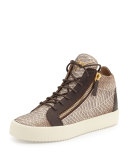 Men's Snake-Embossed Leather Mid-Top Sneaker, Light Brown