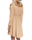 Nikita Belted Fox-Collar Dress Coat, Camel