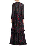 Long-Sleeve Abstract Floral Silk Gown, Cayenne Red/Black