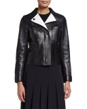 Lambskin Leather Jacket w/ Contrast Facing, Black/Shell White