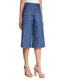 Button-Tab Denim Culotte Pants, Light Indigo
