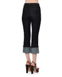 High-Waist Deep-Cuff Cropped Jeans, Dark Blue