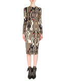 Long-Sleeve Optical Illusion-Print Sheath Dress