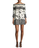 Danica Off-the-Shoulder Lace-Print Babydoll Dress, Ecru/Black