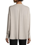 Long-Sleeve Embroidered Stretch-Silk Blouse, Taupe