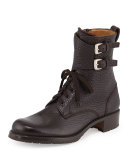 Double-Buckle Leather Combat Boot, Brown