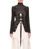 Lace-Up Turtleneck Sweater, Black/Ecru