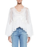 Embroidered Tulle Bell-Sleeve Blouse, Milk