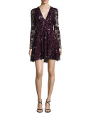 Long-Sleeve V-Neck Beaded Lace Dress, Purple