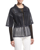 Zip-Front Honeycomb-Leather Parka, Midnight Blue