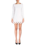 Long-Sleeve Eyelet Sheath Dress, Optic White